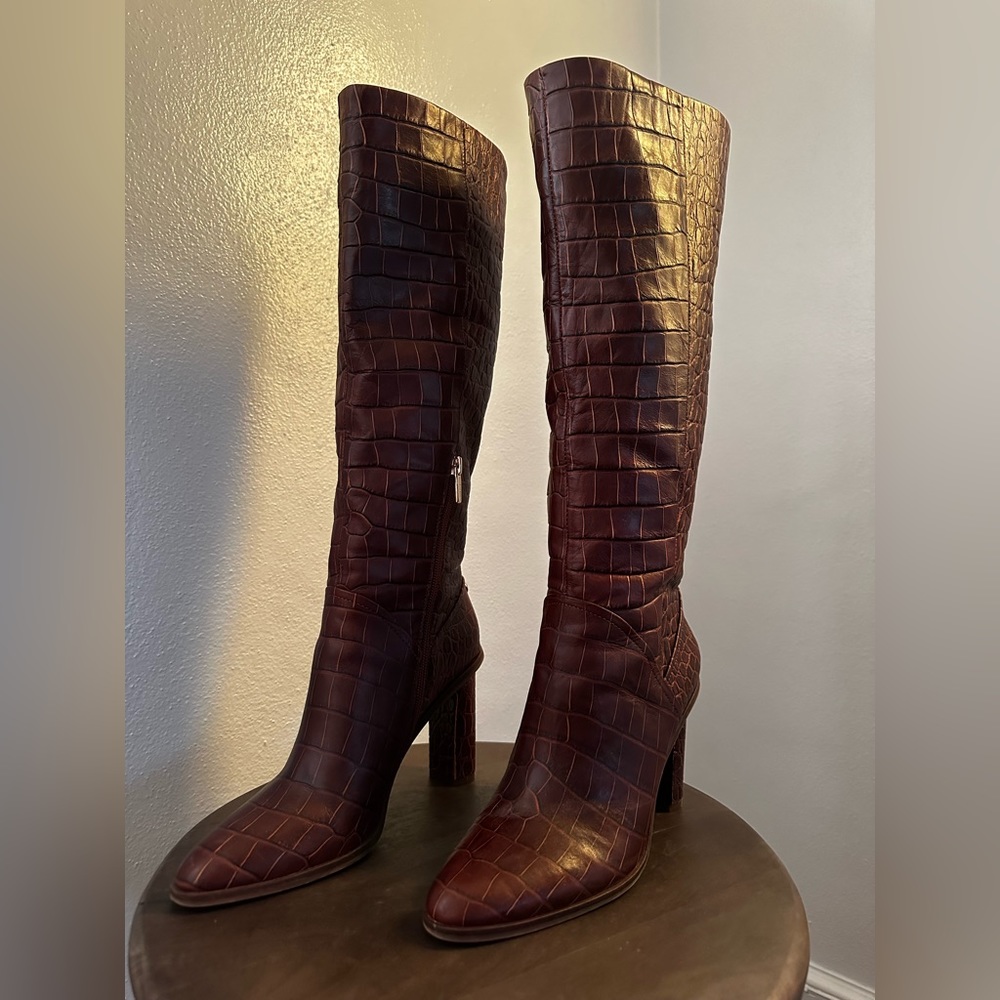 Vince Camuto Dark Brown Croc-Embossed Knee Boots